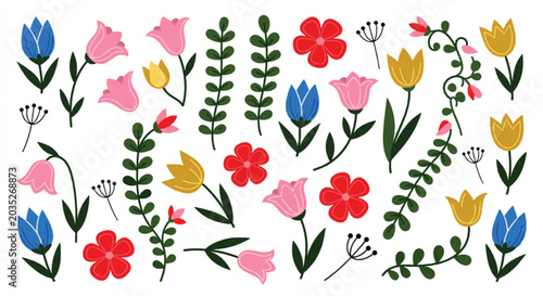 Bild auf Leinwand Scandinavian folk art floral vector set, hand drawn colorful flowers and botanic