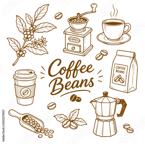Hand drawn coffee doodle collection. vintage cafe icons. Coffee Beans Cafe Brown Ink Sketch Set Vector.