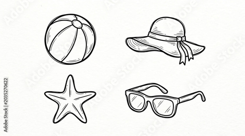 Photos Beach accessories drawing starfish sunglasses hat ball.