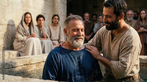 Man being baptized by another man in water. Ancient ceremony enactment of biblical scene with people watching. Faith, spiritual transformation and historical religious tradition.