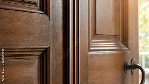 astragal. Close-up of a classical wooden door with a slender vertical astragal dividing panels. real-estate listings.