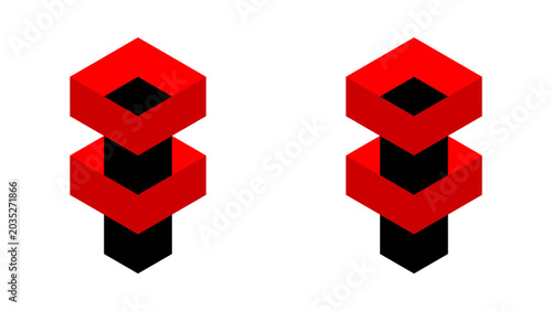Abstract 3D isometric geometric column icon background with red rings for modern business presentation slides, brochure design, and website layouts