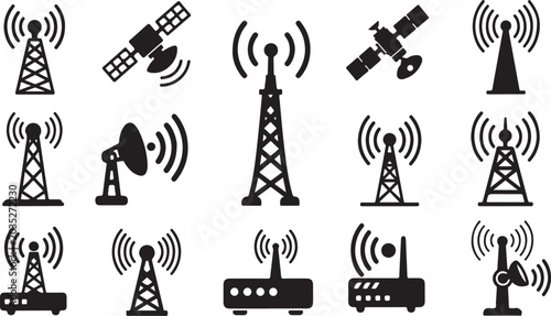 Cell tower, communication tower, satellite, router icons, network symbols isolated PNG with Transparent Background