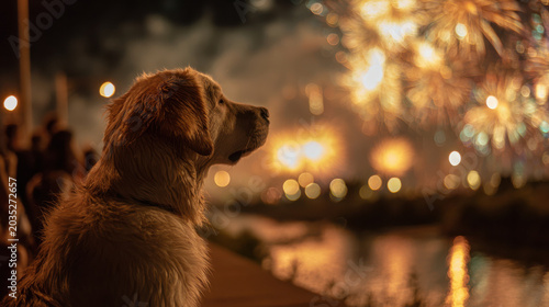Golden retriever dog watching fireworks display by the water at night
