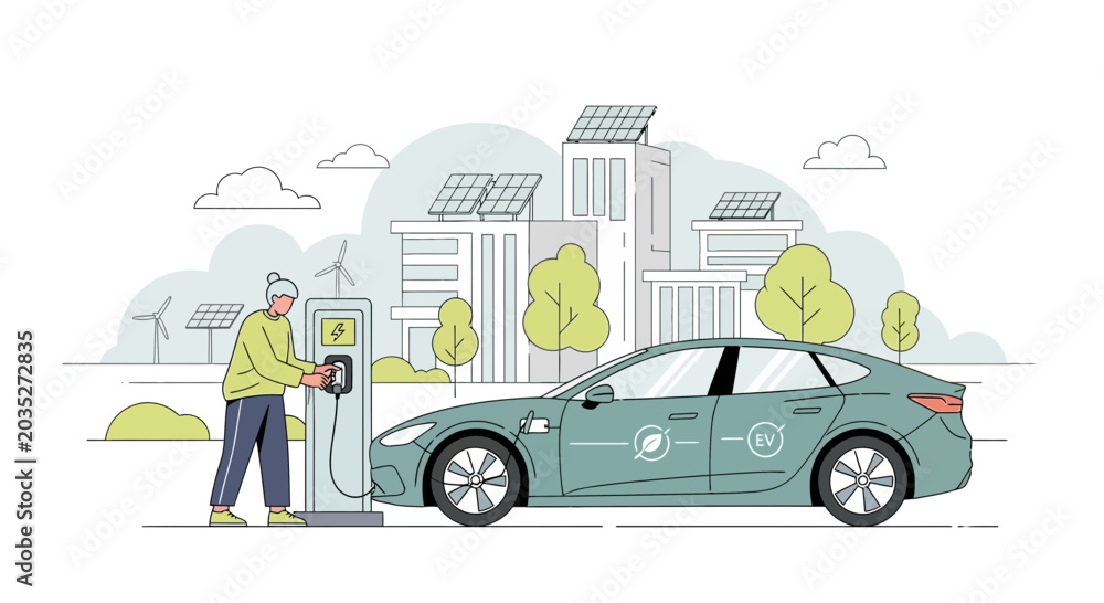 Obraz premium Electric car charging, sustainable city, clean energy, eco symbol