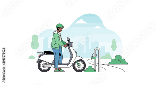 Man on E-scooter in City Park, Electric Transport, Urban Lifestyle