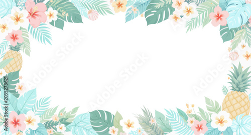 Cute Tropical Hawaii Beach Elements with Pineapple and Palm Leaves