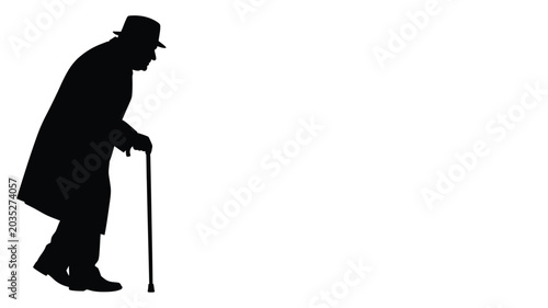 Tableau sur toile Elderly man with cane and hat black silhouette