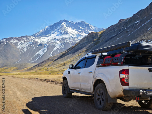 Overlanding 4x4 vehicle equipped for expedition in the Andes Mountains.