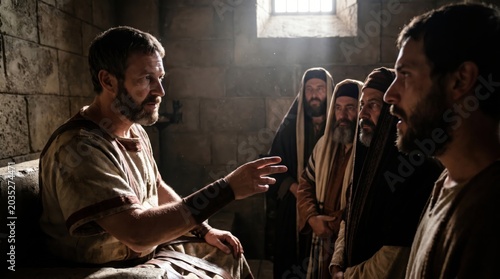 Roman proconsul Gallio judging Paul the Apostle in a court setting. Ancient biblical scene depicting legal dispute over religious law. Historical religious trial in the Achaia province.