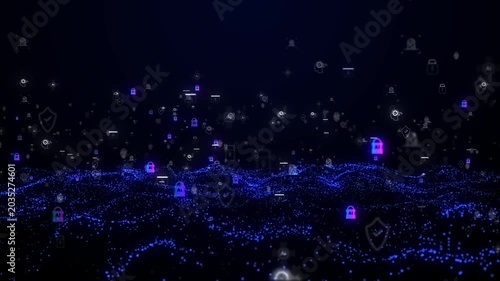Cybersecurity and AI protection concept with digital locks, shield icons, and secure network connections on futuristic dark background.