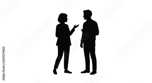 Silhouette Of Two People In Conversation Against A White Background
