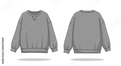 Blank gray crewneck sweatshirt template front and back views technical fashion illustration for apparel design and streetwear mockup
