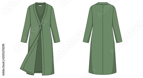 Long Sage Green Cardigan Duster Robe for Women Front and Back Technical Fashion Illustration Sketch