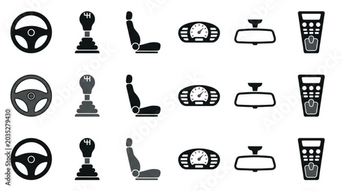 Automotive Interior Components Collection Steering Wheel Gear Shift Seat Dashboard Mirror.