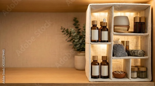 organized herbal wellness and natural self care storage with essential oils supplements and holistic healing products in calming home interior