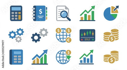 Financial business icons and symbols for analytics and growth.