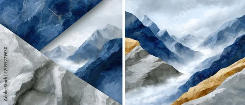 Panel kuchenny z motywem Abstract mountain landscape diptych in blue watercolor style, modern artistic nature composition.