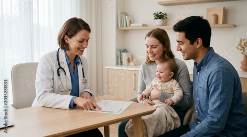 Female doctor consulting a happy young couple with their baby in a modern clinic, discussing health and family care.