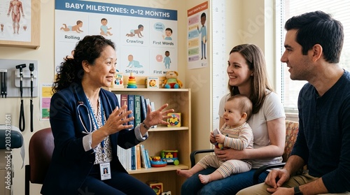 A female pediatrician consults with a young couple and their baby in a brightly lit medical office, discussing infant development.