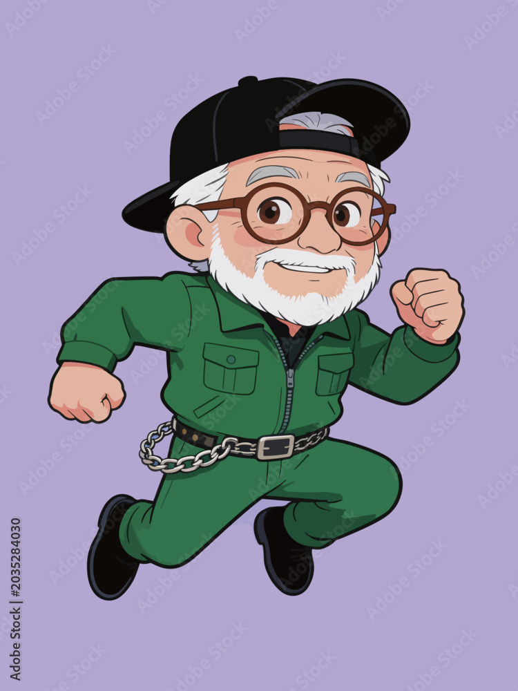 Naklejka premium Cartoon elderly man running in stylish workwear