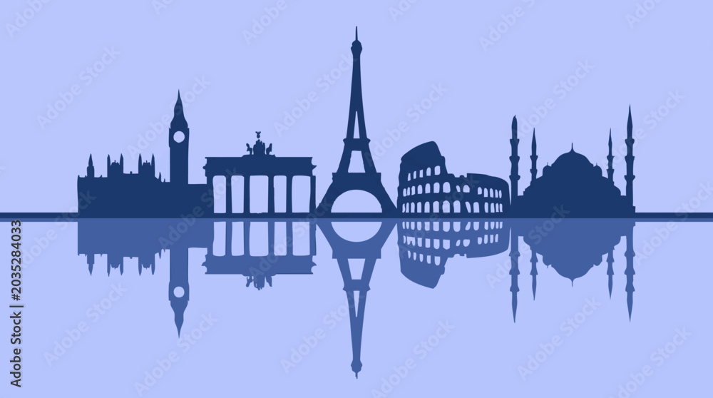Naklejka premium Famous European city skyline silhouettes with reflections in blue