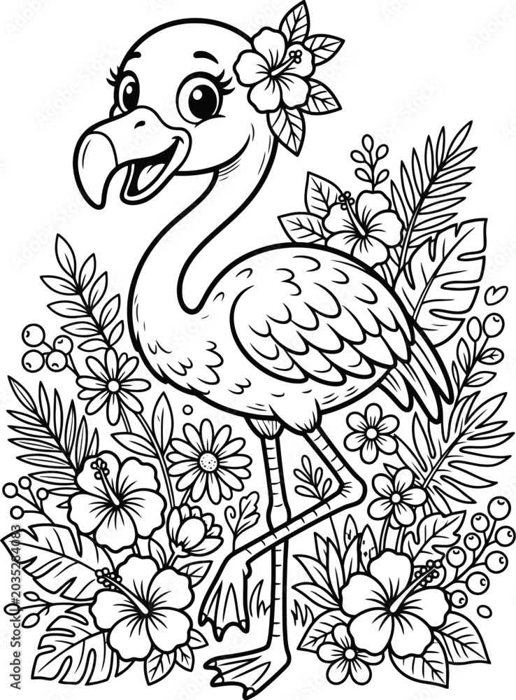 Fototapeta premium Flamingo and tropical flowers black and white illustration for coloring pages