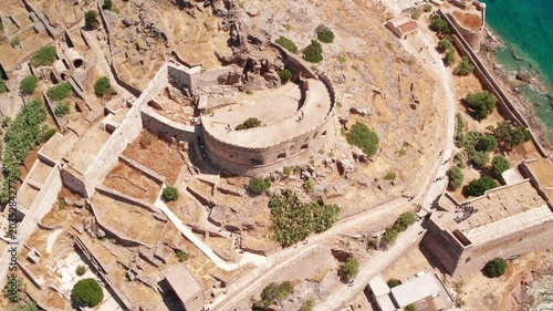 Aerial top down view of historic Spinalonga fortress ruins in Crete