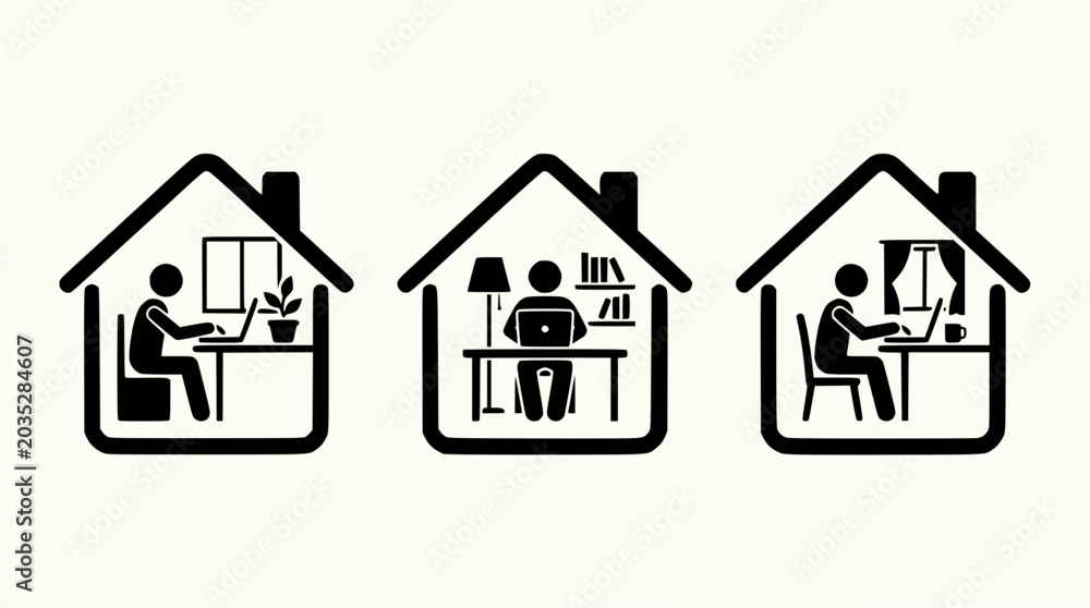 Fototapeta premium Work from Home Icons: People in Houses with Laptops and Desks