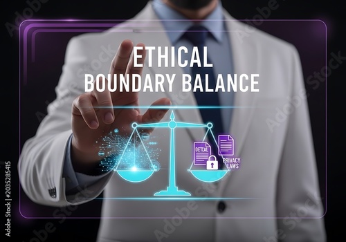 Businessman in a white suit interacting with virtual ethical boundary balance scale, privacy law and data protection icons