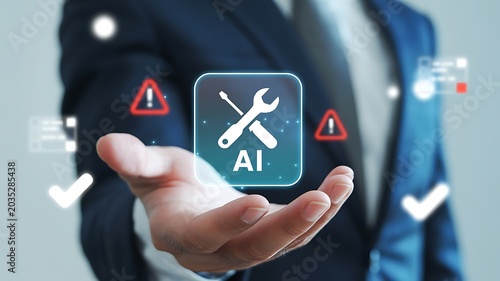 Hand holding a digital illustration of AI tools, representing artificial intelligence, technology, and business solutions