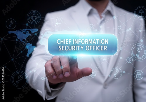 Business professional holding digital security badge as Chief Information Security Officer in corporate setting