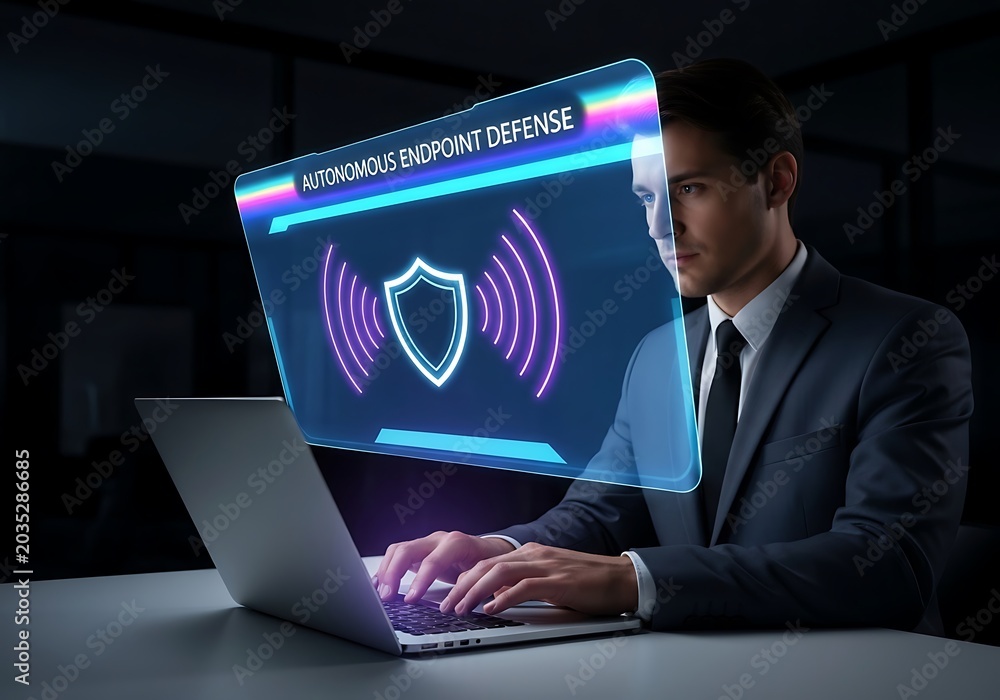Fototapeta premium Business professional analyzing cybersecurity data on laptop with futuristic digital interface in dark office