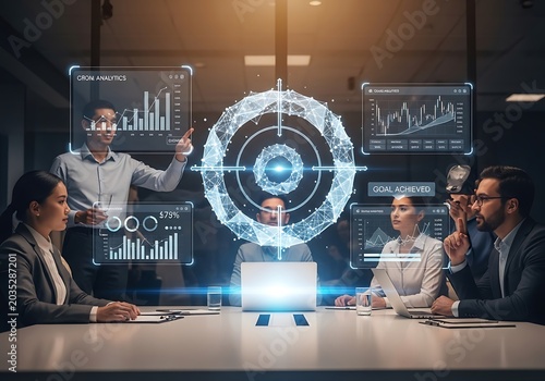 Business team analyzing digital blockchain technology hologram in modern office meeting room