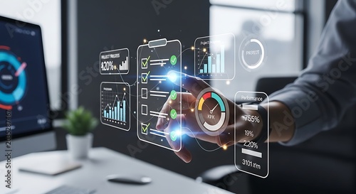Business professional analyzing digital data dashboard with futuristic holographic interface in modern office