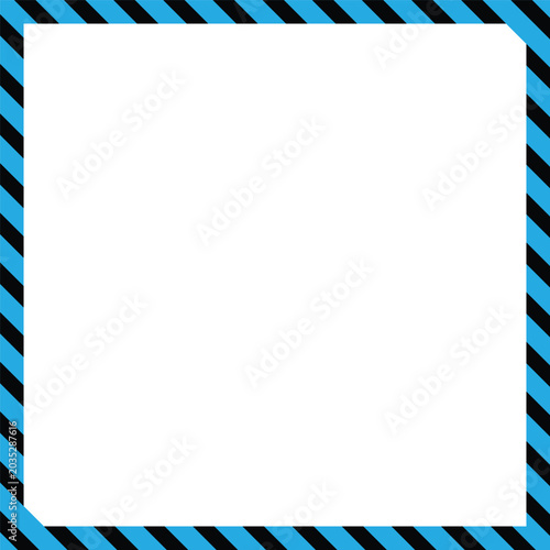 Caution warning sign template with blue and black diagonal stripes border
