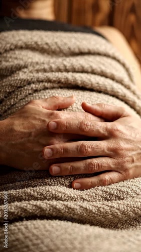 Male figure with medium skin tone rests hands on stomach, covered by textured blanket, with wooden background creating a warm and calming atmosphere