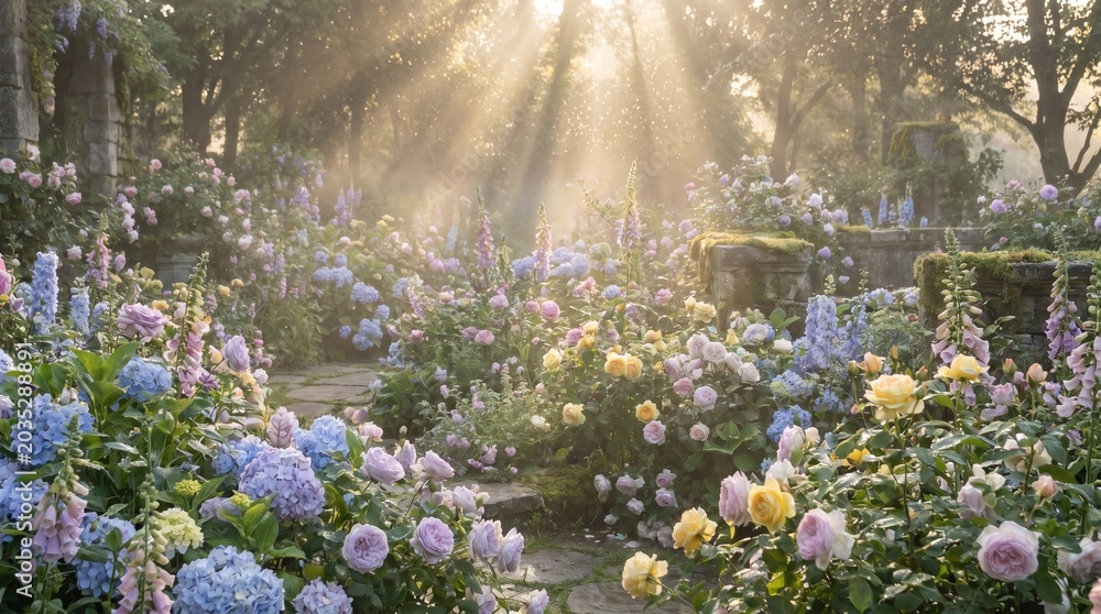 Obraz premium Blooming hydrangea flowers in sunlit garden with golden rays and soft focus background