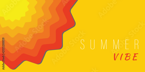 Quadro su tela Summer background design with shinny sun and summer vibe text on yellow background vector illustration