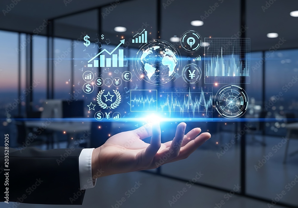 Fototapeta premium Businessman presenting digital global network in office