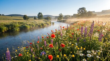 Tranquil riverside meadow with wildflowers at sunrise in natural landscape