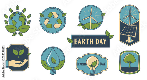 brush Earth Day icons, eco friendly symbols, green badges, environmental stickers isolated on White Background three