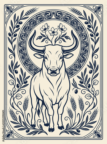 Taurus bull in Art Nouveau zodiac illustration