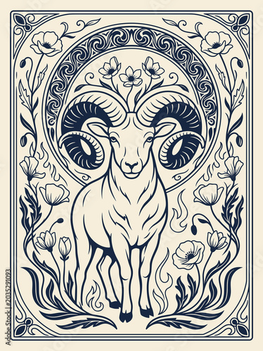 Aries ram in Art Nouveau zodiac illustration