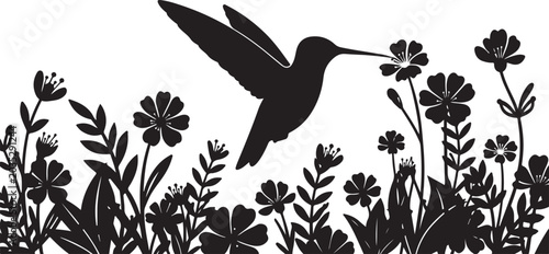 Hummingbird, black silhouette, flying, flowers, foliage, vector illustration