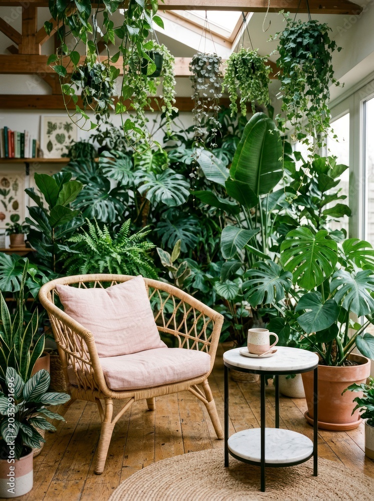 Fototapeta premium Rattan chair with pink cushion, cozy indoor garden