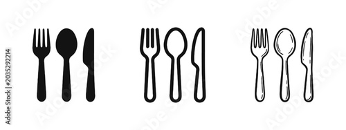 Foto Cutlery icons set with fork, spoon, and knife in flat, outline, and doodle styles for kitchen and dining design