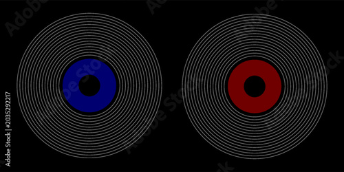 Konstfotografi Abstract minimalist background featuring two symmetrical circular patterns composed of thin white concentric rings on a solid black field