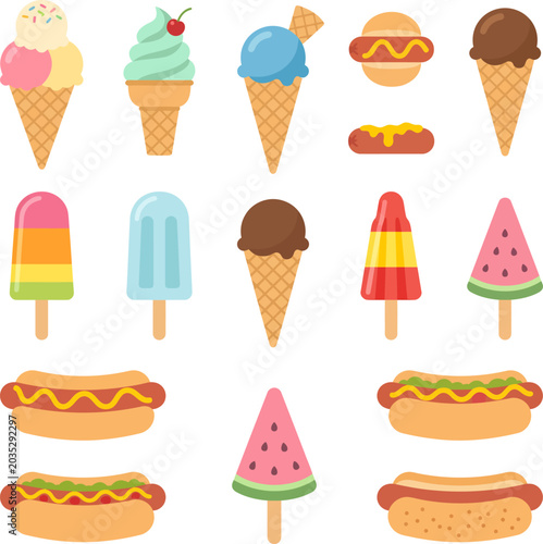 Flat Illustration Set of Summer Treats and Fast Food