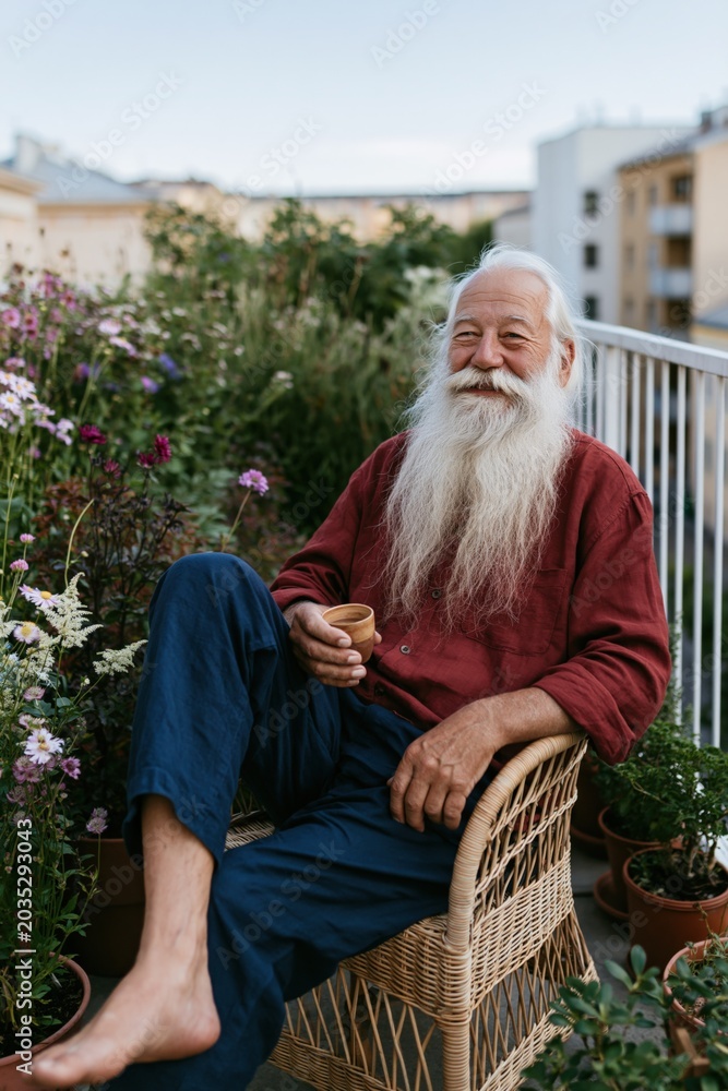 Fototapeta premium Smiling senior man with long white beard on a balcony holding coffee in a wicker chair for cozy outdoor lifestyle and garden portrait